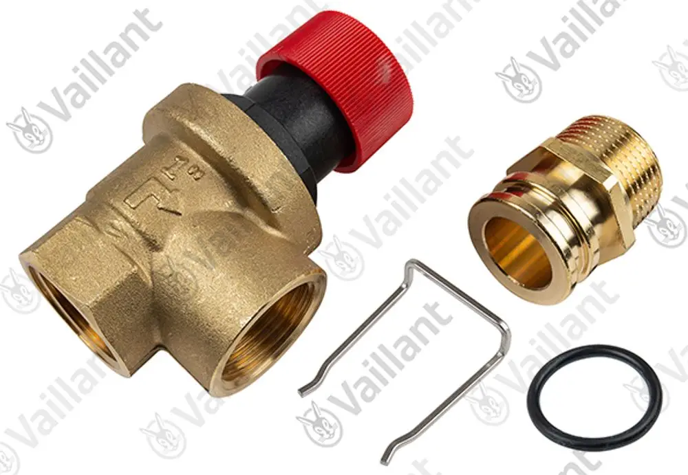 Vaillant Sicherheitsventil mit rotem Kappenverschluss, Metall- und Kunststoffkomponenten, einschließlich Anschlussstück, Unterlegscheibe und Sicherungsclip.